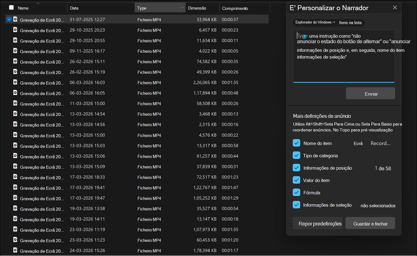 IU a mostrar o painel de personalização do Narrador no Windows 11.