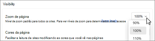 Captura de ecrã pendente níveis de zoom de página.