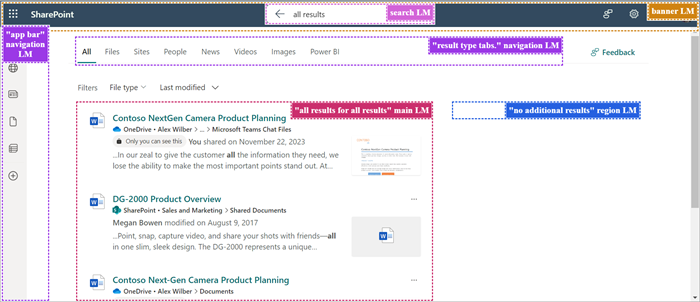 A página Resultados da Pesquisa com o palavra-chave todos os resultados na caixa de pesquisa. Ele mostra todos os principais pontos de referência na página de resultados da pesquisa no SharePoint.