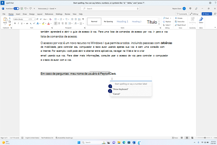 A janela ortográfica está flutuando na parte superior do aplicativo Word, com caixa de texto vazia e opções para mostrar teclado ou cancelar com rótulos de número.