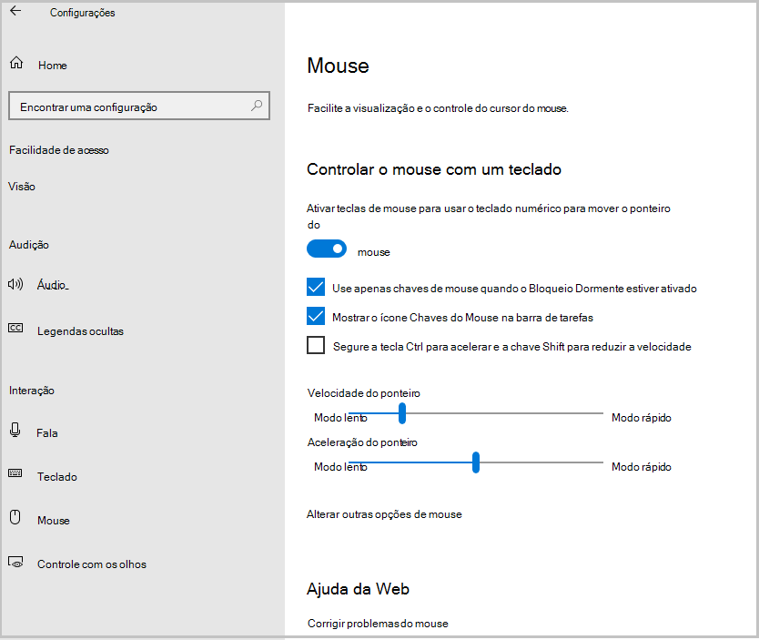 Captura de tela de como ativar o Windows10Teclas do mouse