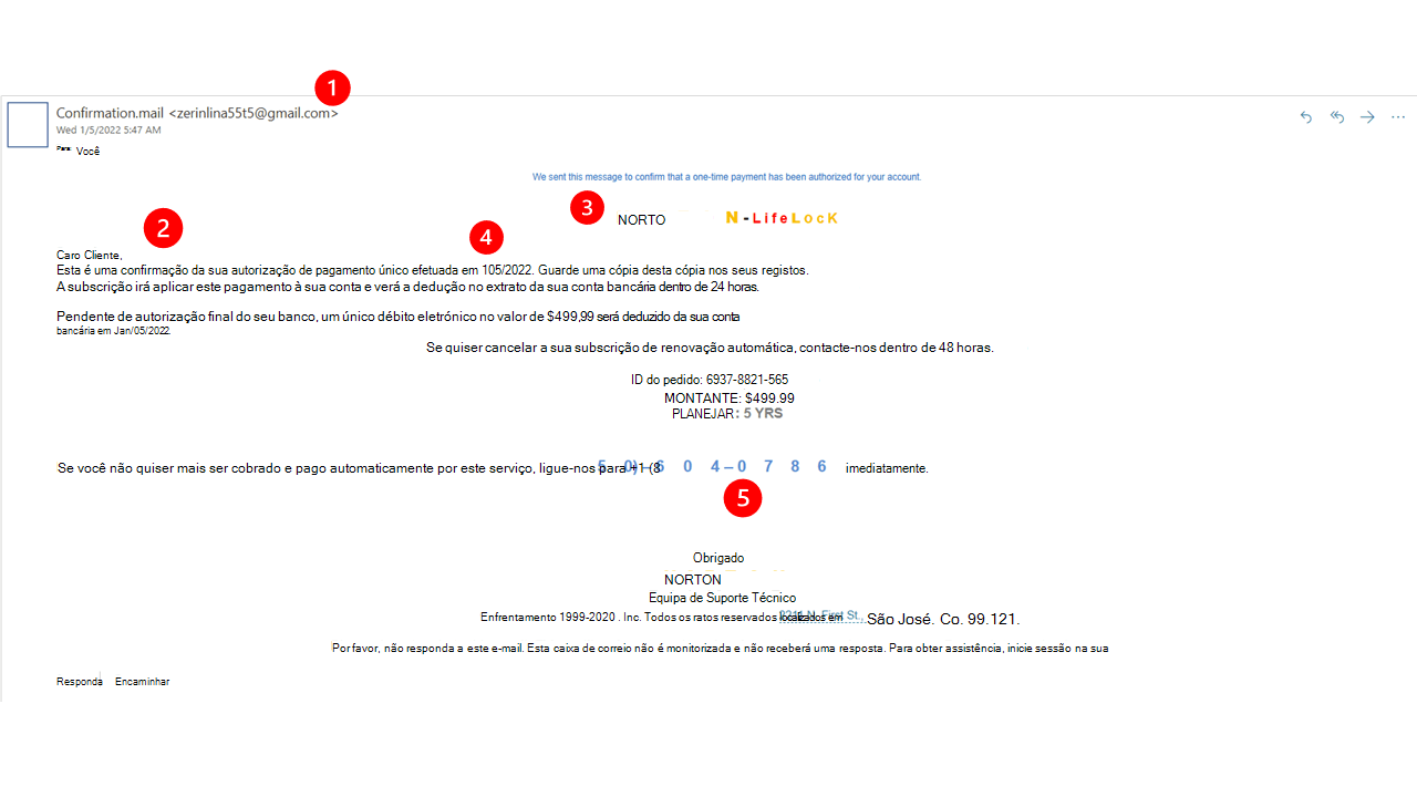 Um exemplo de um email fraudulento que finge ser do Norton.