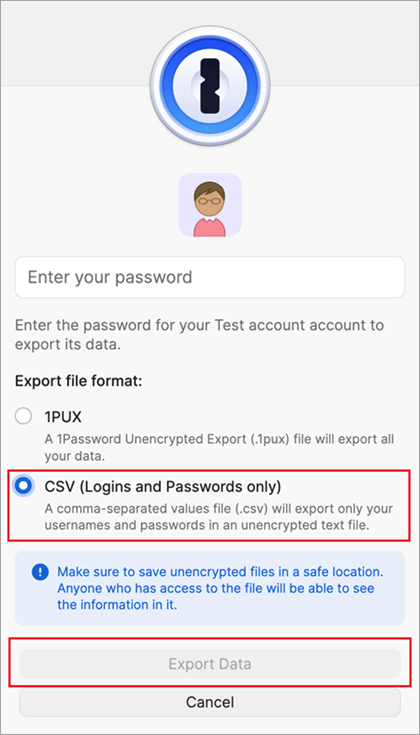 A caixa de diálogo de arquivo de exportação de 1Password.