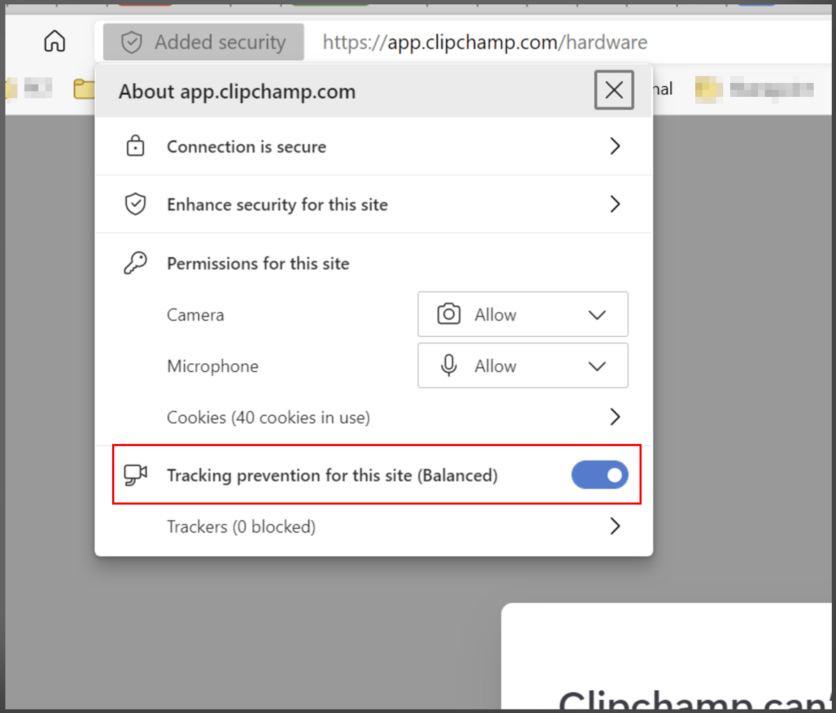 Segurança adicionada ao Edge, lista de permissões Clipchamp 2
