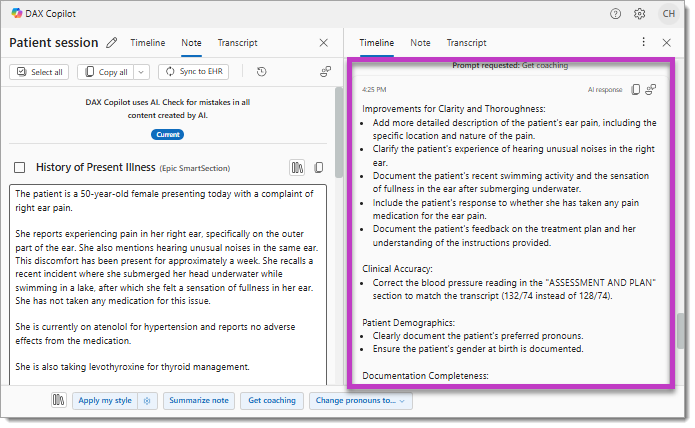 Image highlights an AI feature Get coaching appears with all the information regarding the prompt