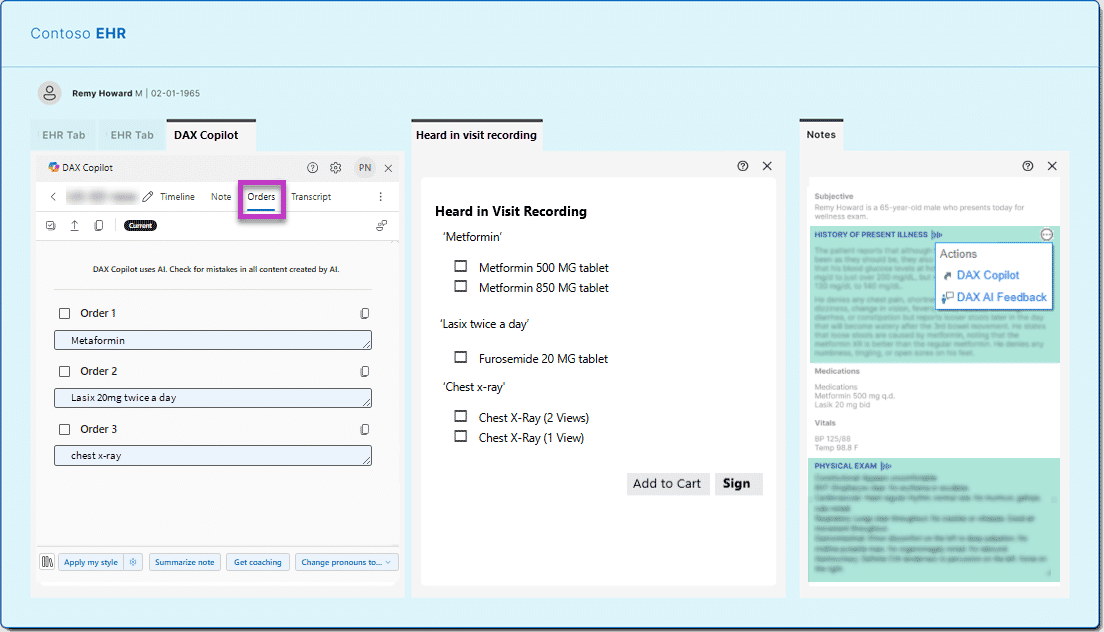 Image shows Mmock EHR image which highlights Order tab with list of order options