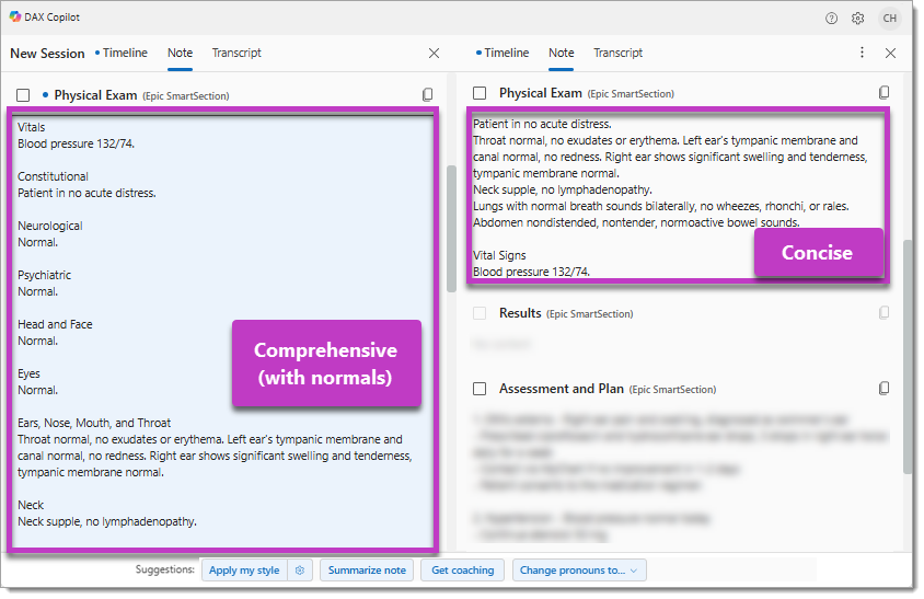Image highlights Physical Exam in a split view in a concise form and Comprehensive form
