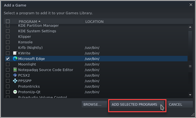 Localizando e verificando o Microsoft Edge na lista Steam Adicionar Um Jogo.