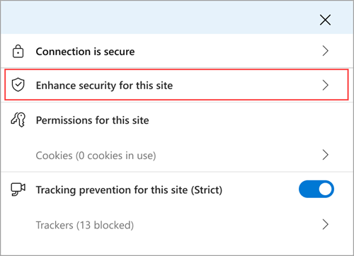 O menu de informações do site do Microsoft Edge mostrando o recurso Aprimorar a segurança deste site.