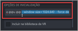 Onde adicionar os argumentos adicionais às Opções de Inicialização no atalho Microsoft Edge Beta no Steam.