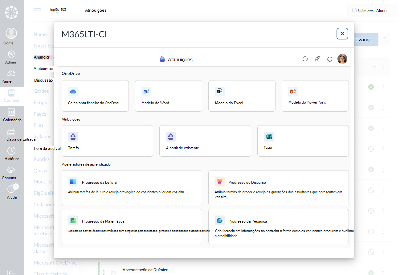 Escolha um Microsoft Education para criar para sua tarefa ou módulo
