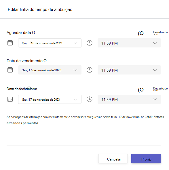 Captura de tela que mostra editar atribuição linha do tempo