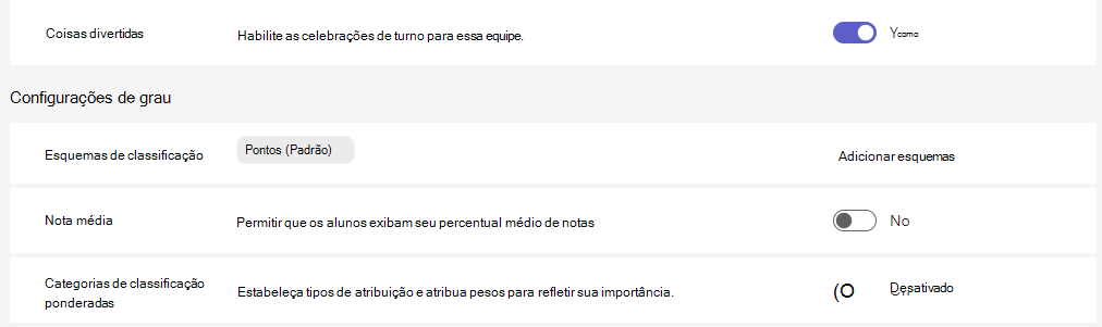 Configurações de notas