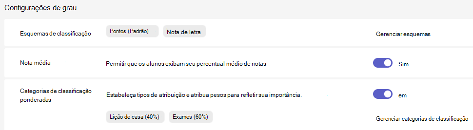 Configurações de notas