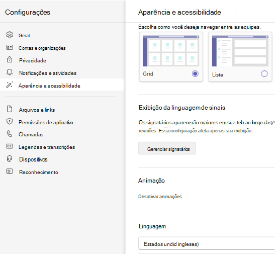 Captura de ecrã a mostrar a seleção de idioma.