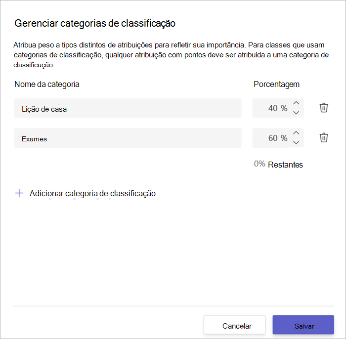 captura de tela da janela de categorias de classificação mostrando 2 categorias, lição de casa para 40% e exames para 60%