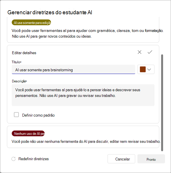 Captura de ecrã a mostrar as opções para gerir as diretrizes de IA.