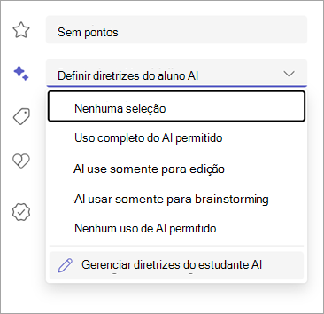 Captura de ecrã a mostrar as opções para definir as diretrizes de IA dos estudantes.