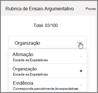 Selecione a secção da tarefa dos estudantes a classificar