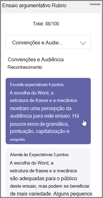 Selecione a nota que você deseja atribuir ao aluno para a seção selecionada e digite comentários na parte inferior
