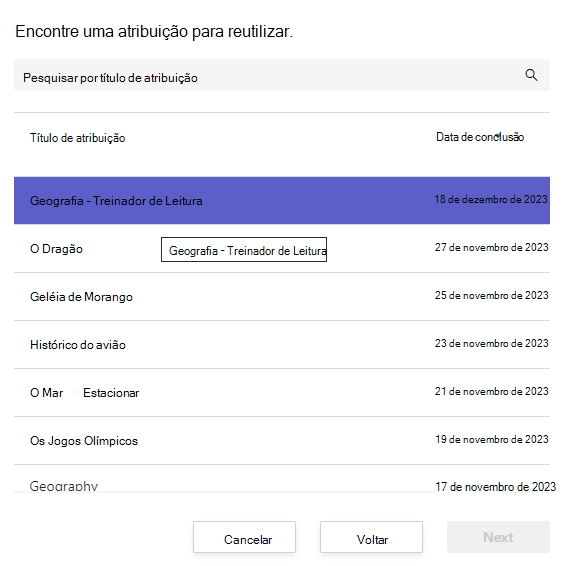Captura de tela de encontrar uma atribuição para reutilizar.