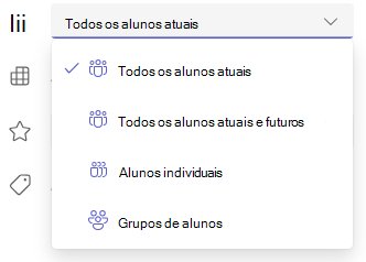 Captura de ecrã a mostrar as opções de estudantes e grupos.