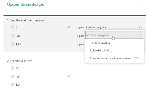 Captura de tela da seleção de uma pergunta para ramificar.