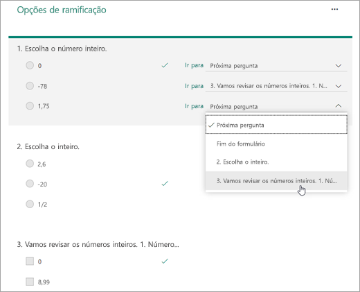 Captura de tela da pergunta de ramificação.