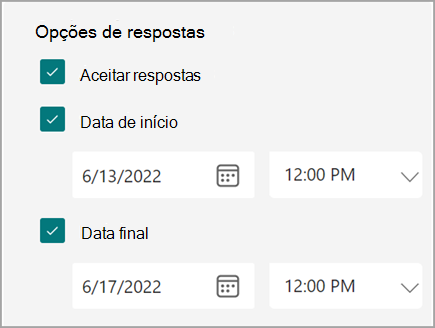 Captura de tela das configurações do formulário/questionário em que os usuários podem definir uma data de início e término para as respostas.