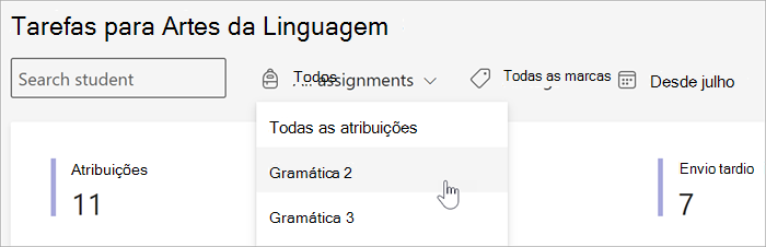 captura de ecrã dos filtros disponíveis na vista Tarefas e Notas do Insights. pode procurar por estudante, por tarefa por etiqueta ou por data.