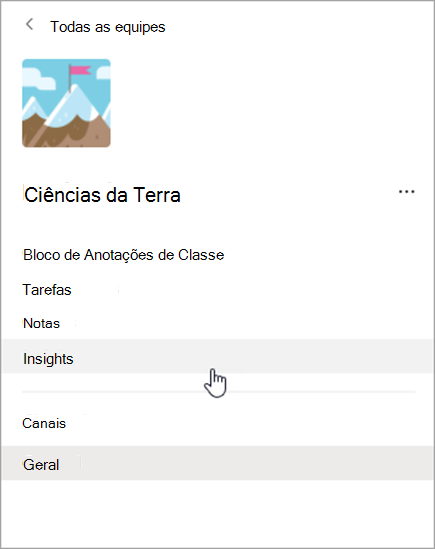 Captura de tela de navegação no Teams