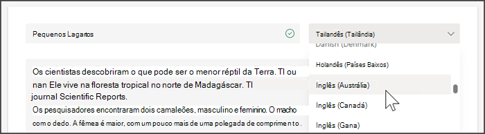 captura de tela mostrando a lista suspensa para selecionar um idioma