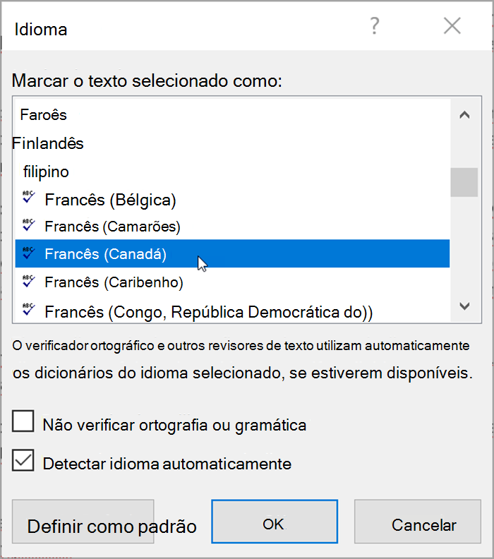 Captura de tela do Word. Lista pop-up os idiomas que podem ser selecionados. Detectar idioma automaticamente está marcado.