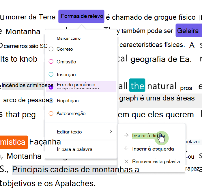 Captura de tela do painel de revisão do progresso da leitura mostrando como inserir palavras à direita e à esquerda de uma palavra selecionada
