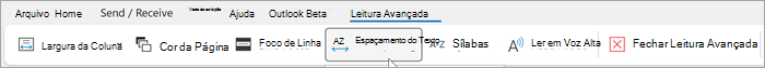 Captura de tela da faixa de opções da leitura avançada no Outlook para área de trabalho. As opções da esquerda para a direita são largura da coluna, cor da página, foco de linha, espaçamento do texto, sílabas, ler em voz alta, fechar leitura avançada