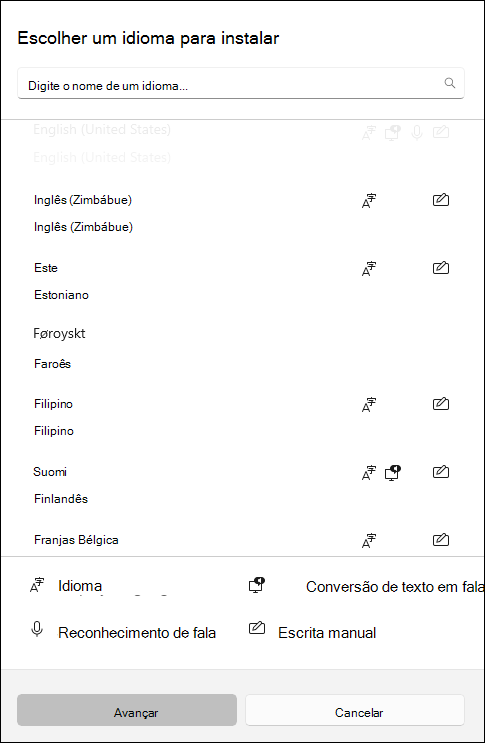 Captura de tela de pacotes de idiomas disponíveis para download nas configurações do Windows 10.