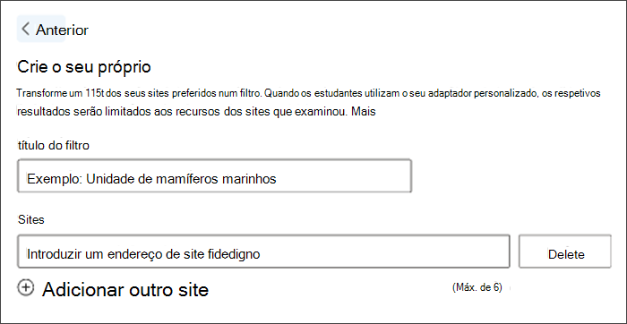 Captura de tela da criação de um filtro personalizado. O título do filtro de exemplo diz unidade de mamíferos marinhos e há um espaço aberto abaixo para inserir seus próprios sites preferidos.