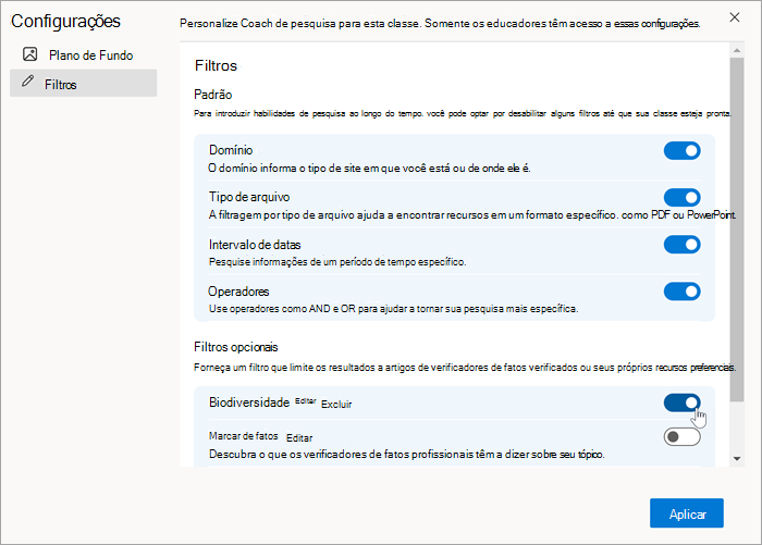 Captura de tela de um filtro personalizado conforme ele aparece na configuração de filtros após sua criação. ele pode ser ativado e desativado.