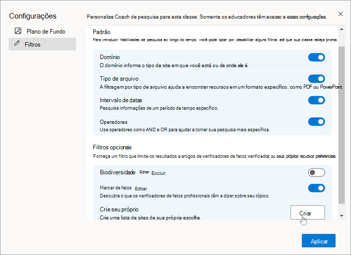 Captura de tela da seção filtros nas configurações com um mouse selecionando criar ao criar seu próprio