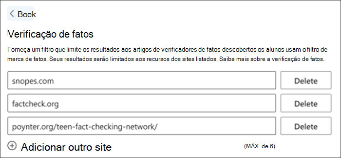 Captura de tela da opção de marcação de fatos nas configurações. Três sites de verificação de fatos padrão estão listados – eles podem ser excluídos e outros podem ser adicionados para atender às necessidades de professores.