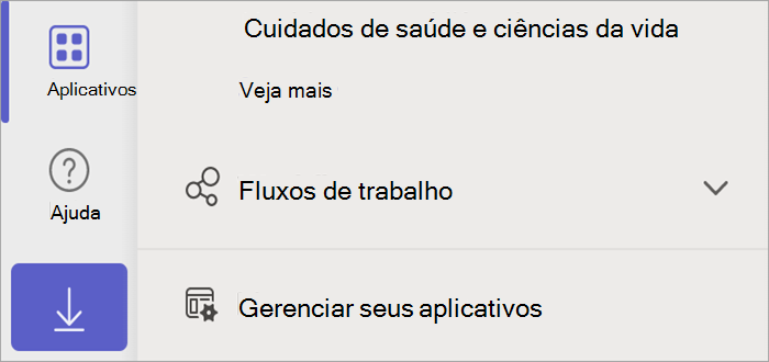 Captura de tela do Teams mostrando o botão de aplicativos, que revela o botão Gerenciar seus aplicativos.