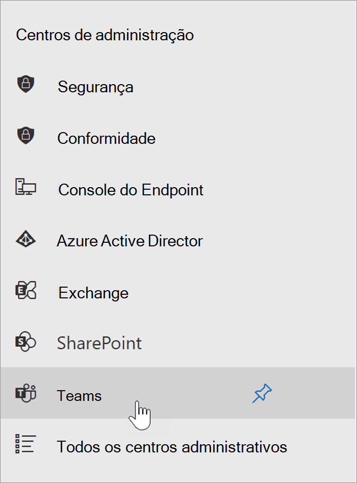 Captura de tela do centro de administração do Microsoft 365 com o cursor passando sobre o ponto de entrada do centro de administração do Teams.
