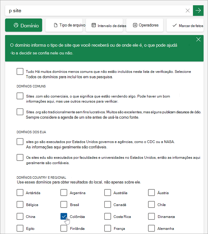 Captura de tela da lista de domínios País e Regional depois de clicar em mais.
