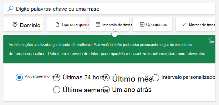 Captura de tela das opções de intervalo de datas, últimas 24 horas, semana passada, mês passado, ano passado, intervalo personalizado.