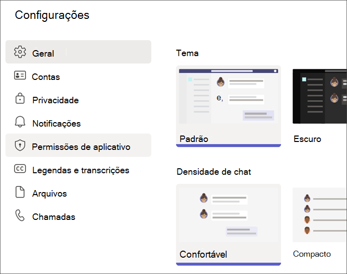 Captura de tela das configurações do Teams de um perfil de aluno. As Permissões do Aplicativo estão destacadas.