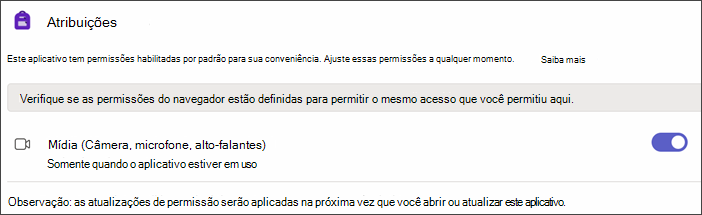 Captura de tela das configurações do Teams após selecionar Permissões de Aplicativo. uma configuração chamada Mídia é mostrada com o botão de alternância ativado.