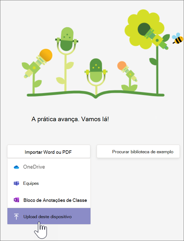 Captura de tela mostrando a lista suspensa após selecionar Carregar palavra de PDF