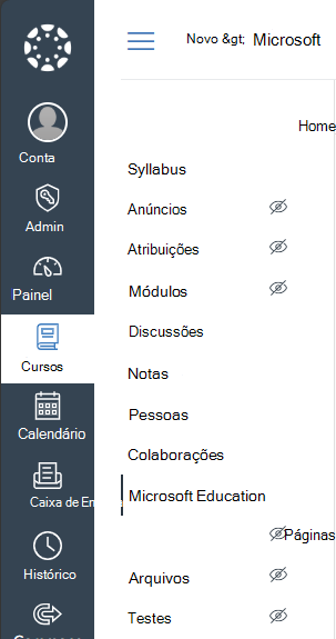 Selecionar o menu de navegação do curso do Microsoft Education no Canvas
