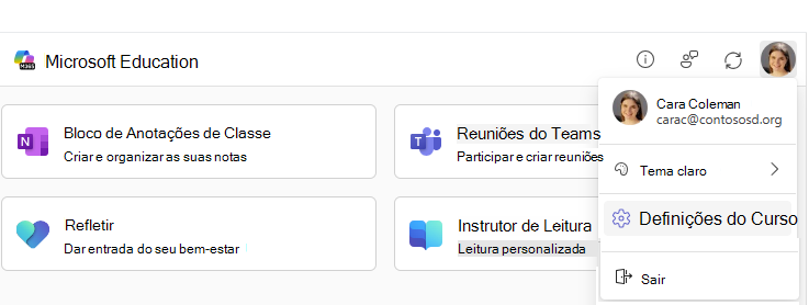 Item de menu de configurações do curso