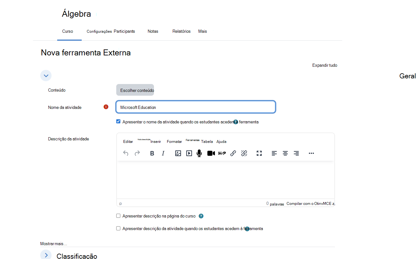 Caixa de diálogo Nova ferramenta externa do Moodle
